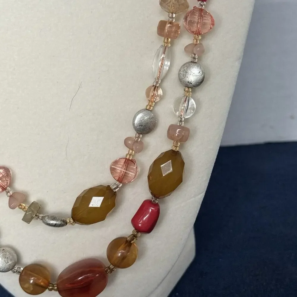 Vintage Avon NR Beaded Necklace Orange Red Beads Silvertone‎ Chain Two Strand